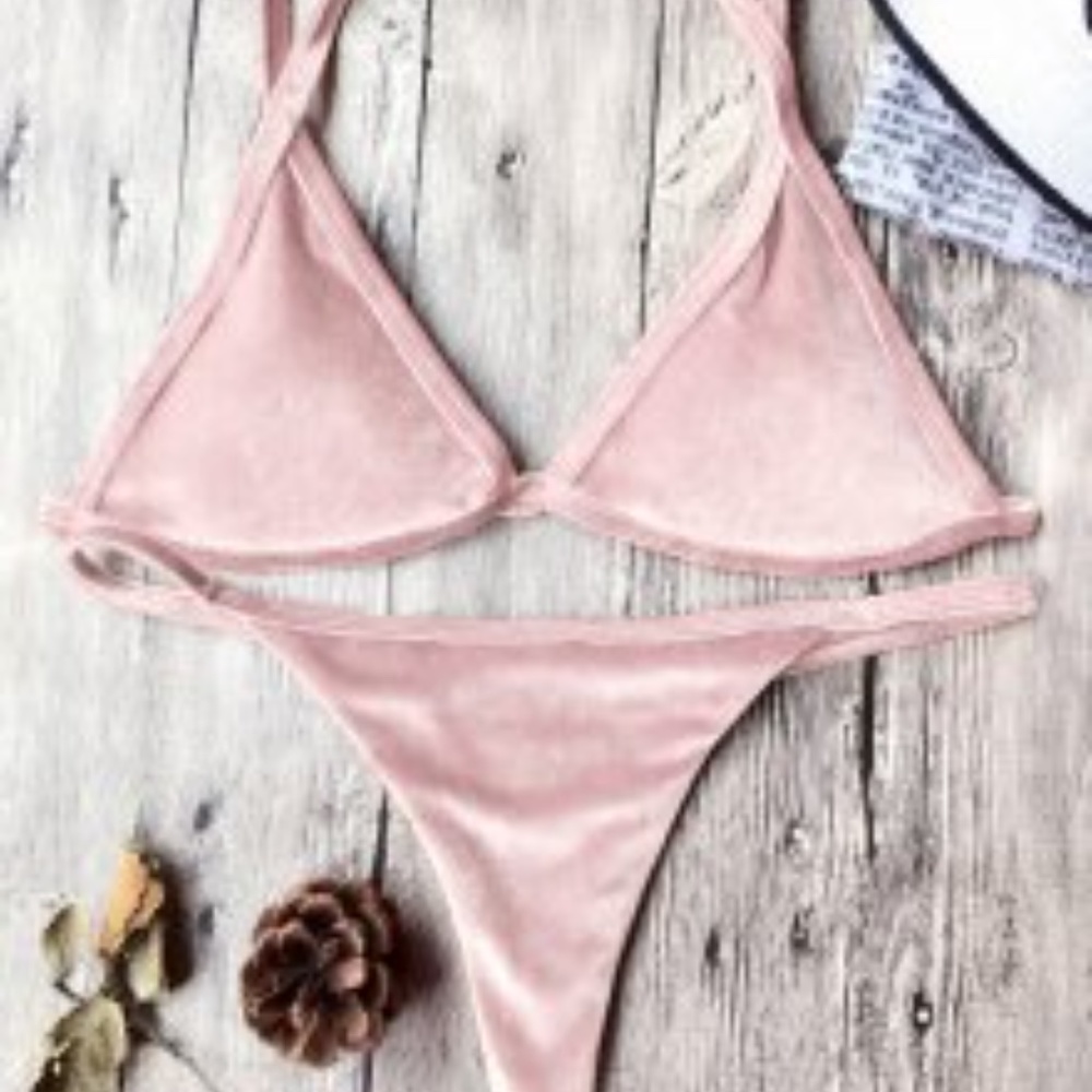 zaful cami pink velvet string thong bikini set-